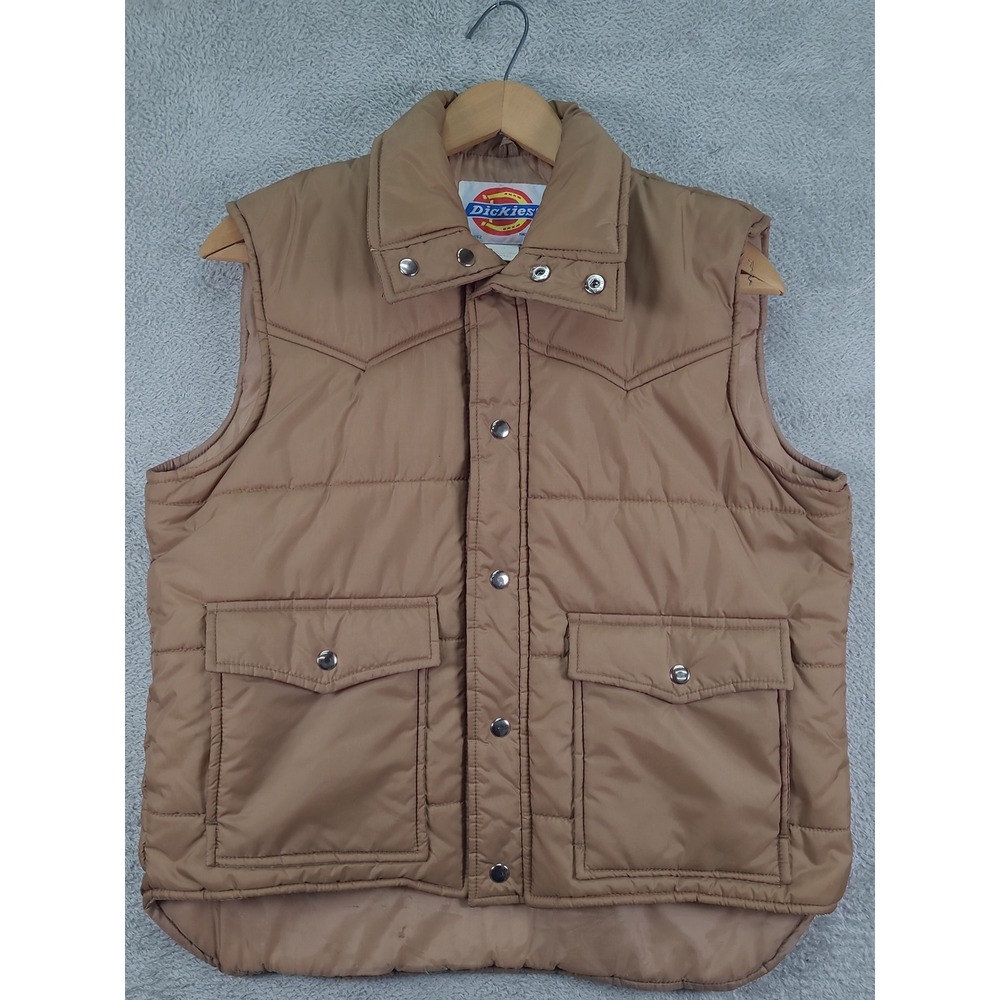 Dickies Mens Vintage Western Quilted Puffer Vest Tan Brown Medium Snap Front